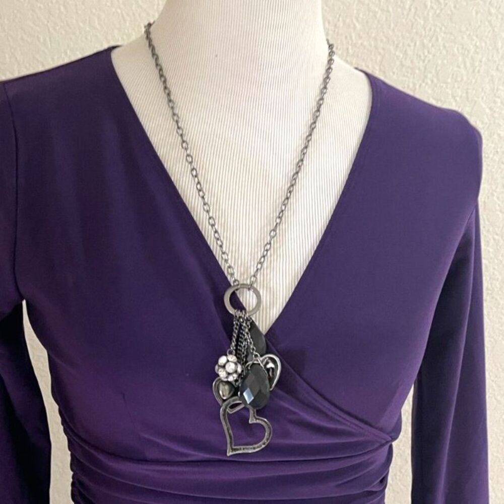 Vintage Long Silvertone Hear Rhinestone Charm Crystal Necklace 22"
